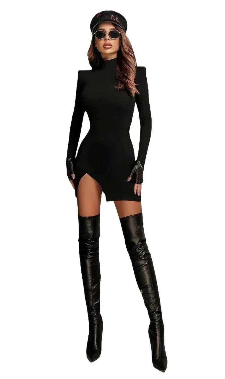 Rochie Scurtă Modelatoare cu Umeri Proeminenți | Rochie Elegantă cu Fentă pe Picior