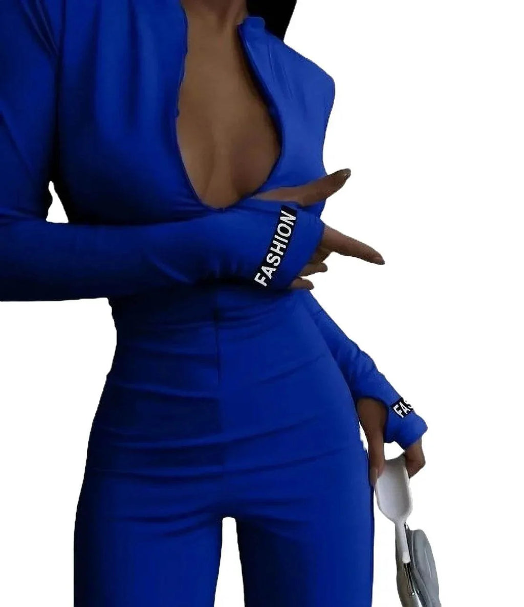 Salopetă Dama Albastru Electric | Salopetă Fashion Lycra cu Mâneci Mănușă