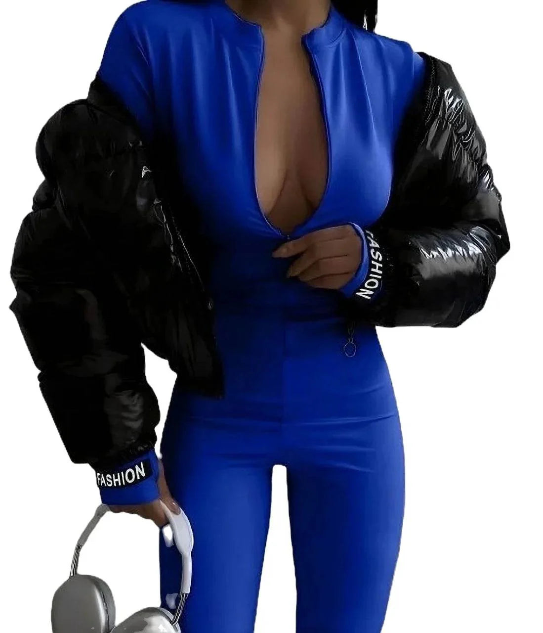 Salopetă Dama Albastru Electric | Salopetă Fashion Lycra cu Mâneci Mănușă