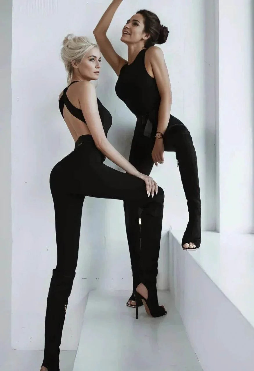 Salopetă Modelatoare Neagră cu Spatele Gol | Jumpsuit Dama cu Efect Push Up