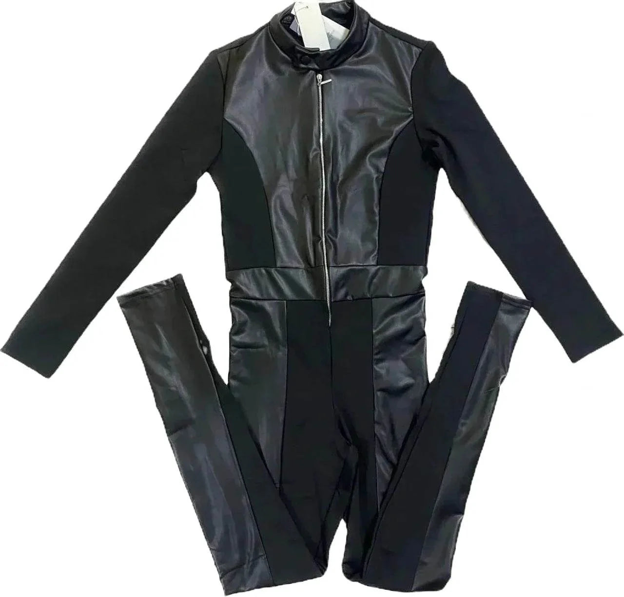 Salopetă Modelatoare Neagră cu Inserții din Piele | Jumpsuit Dama cu Fermoar și Căptușeală