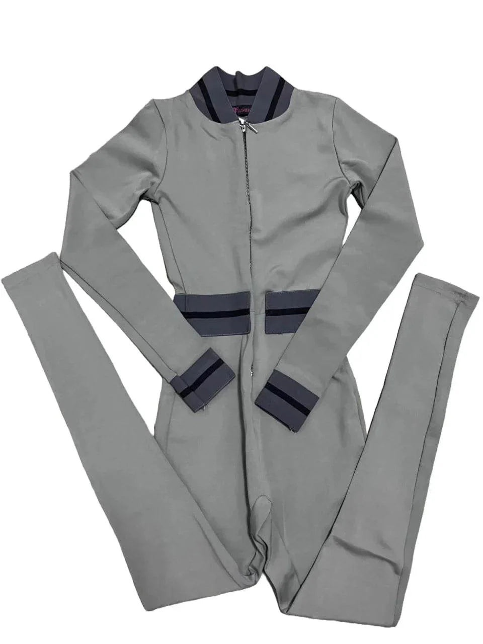 Salopetă Modelatoare Gri cu Mâneci Lungi | Salopetă Dama din Lycra cu Fermoar