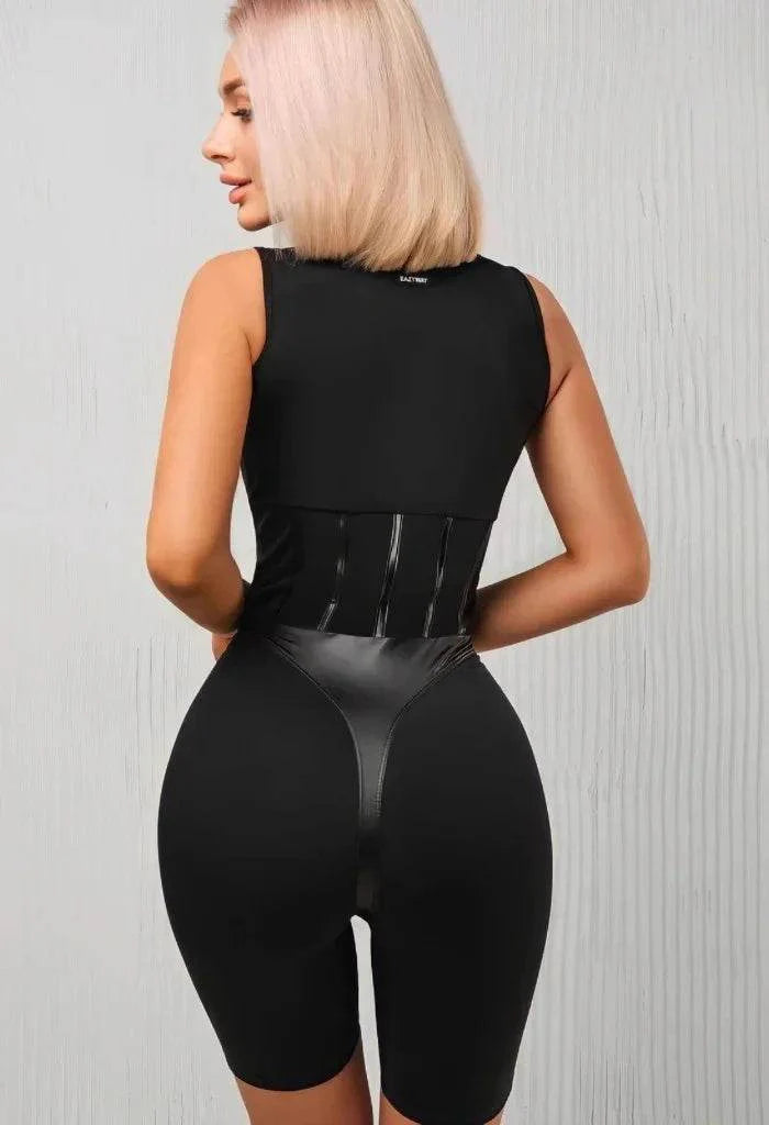 Salopetă Modelatoare Neagră | Colanți Scurți & Inserții Piele