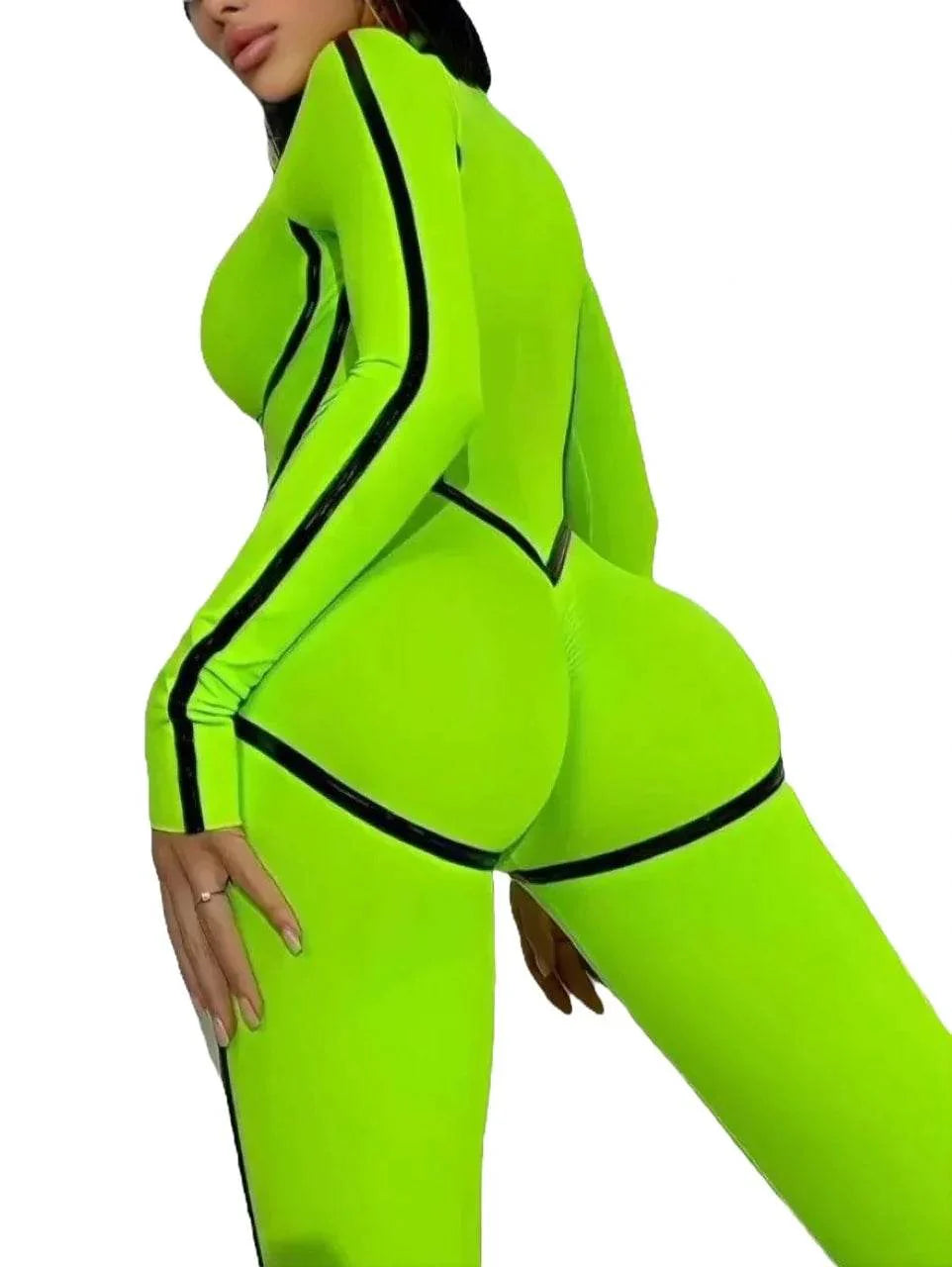 Salopetă Modelatoare Verde Neon cu Inserții Latex | Catsuit cu Mâneci Mănușă