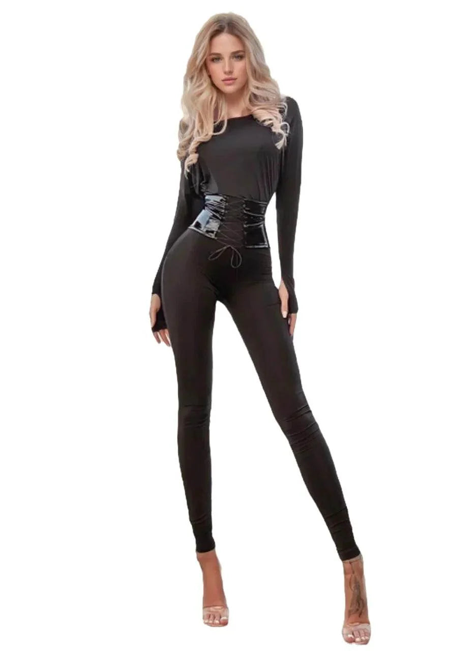 Salopetă Neagră cu Centură din Latex | Jumpsuit Dama din Lycra cu Mâneci Mănușă