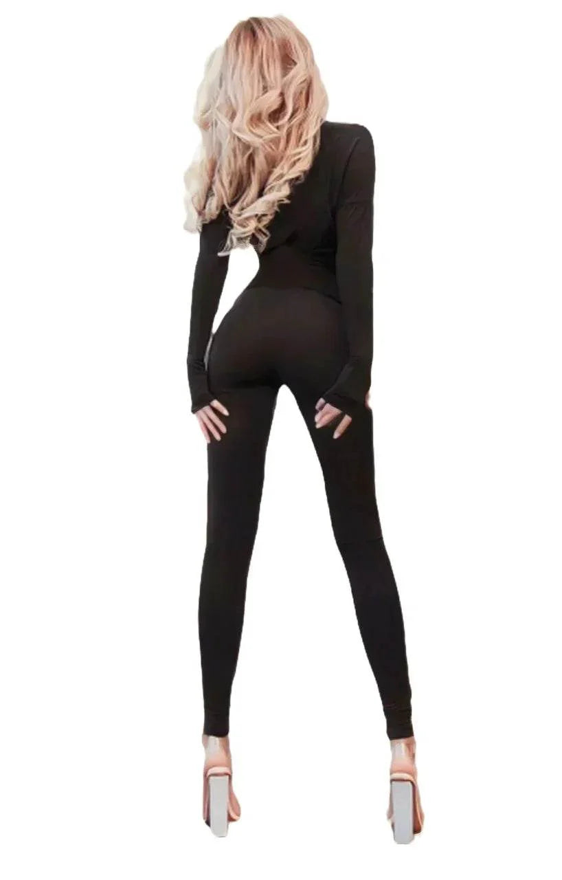 Salopetă Neagră cu Centură din Latex | Jumpsuit Dama din Lycra cu Mâneci Mănușă