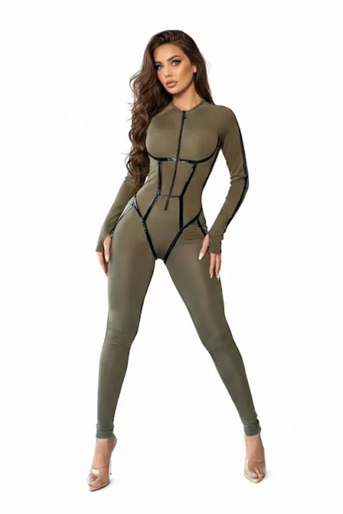 Salopetă Modelatoare Kaki cu Inserții din Latex | Catsuit Dama cu Mâneci Mănușă