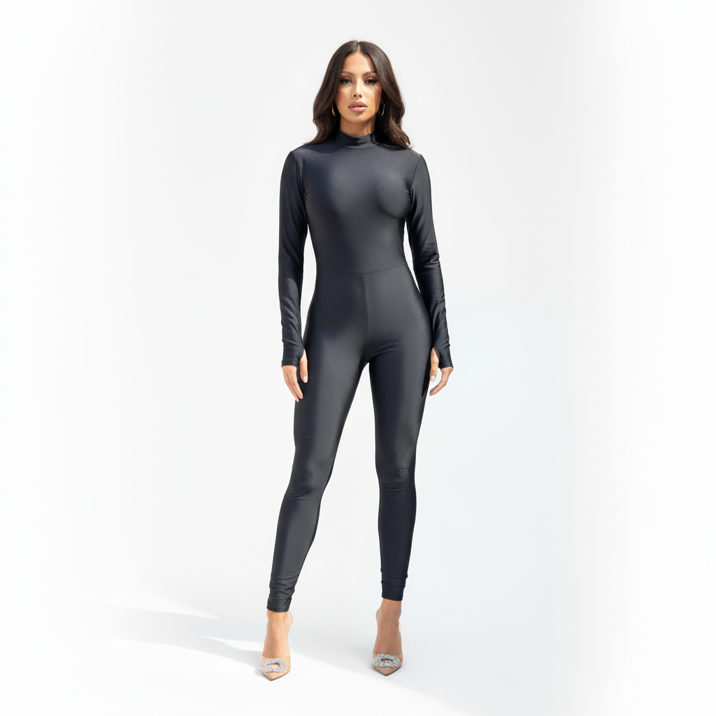 Salopetă Modelatoare Neagră Lucioasă | Jumpsuit Dama din Lycra cu Mâneci Mănușă