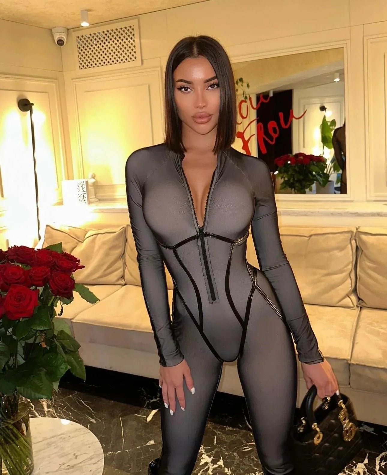 Salopetă Modelatoare Gri cu Inserții Latex | Salopetă cu Mâneci Mănușă