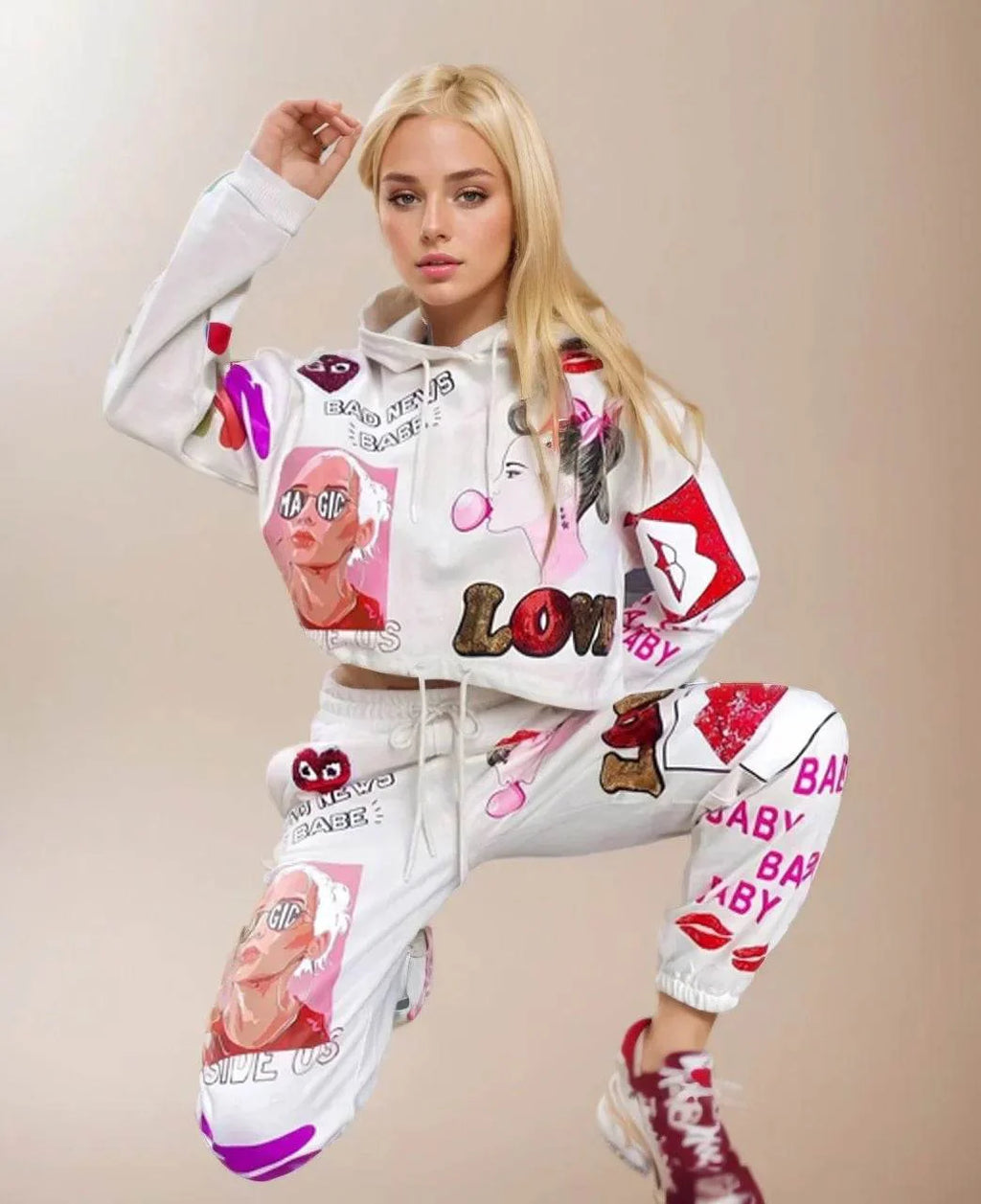 Compleu Trening Dama Alb cu Imprimeu | Set cu Hanorac cu Glugă și Pantaloni cu Buzunare
