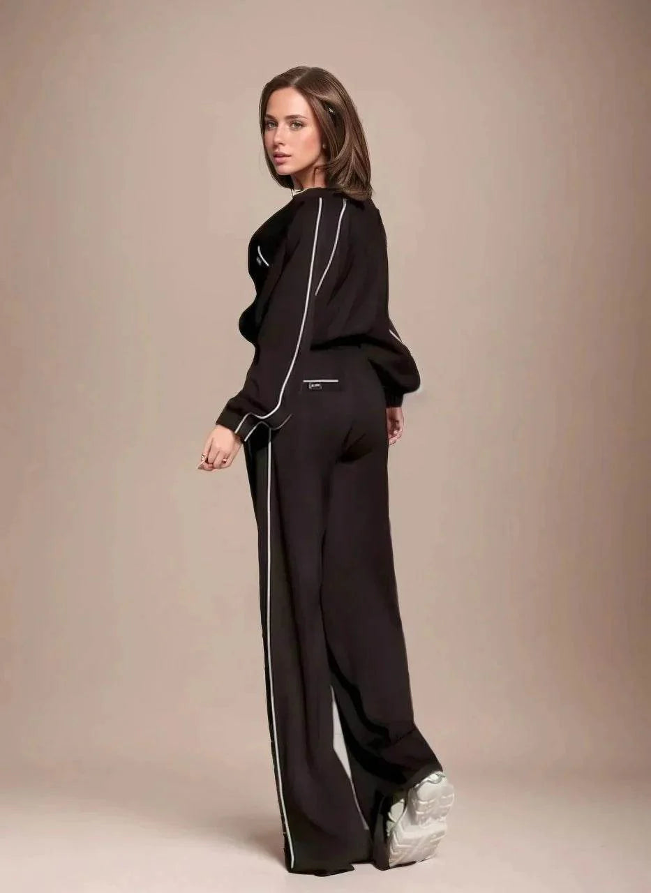 Trening Dama Negru cu 3 Piese | Set Colanți Evazați, Top Push-up și Jachetă