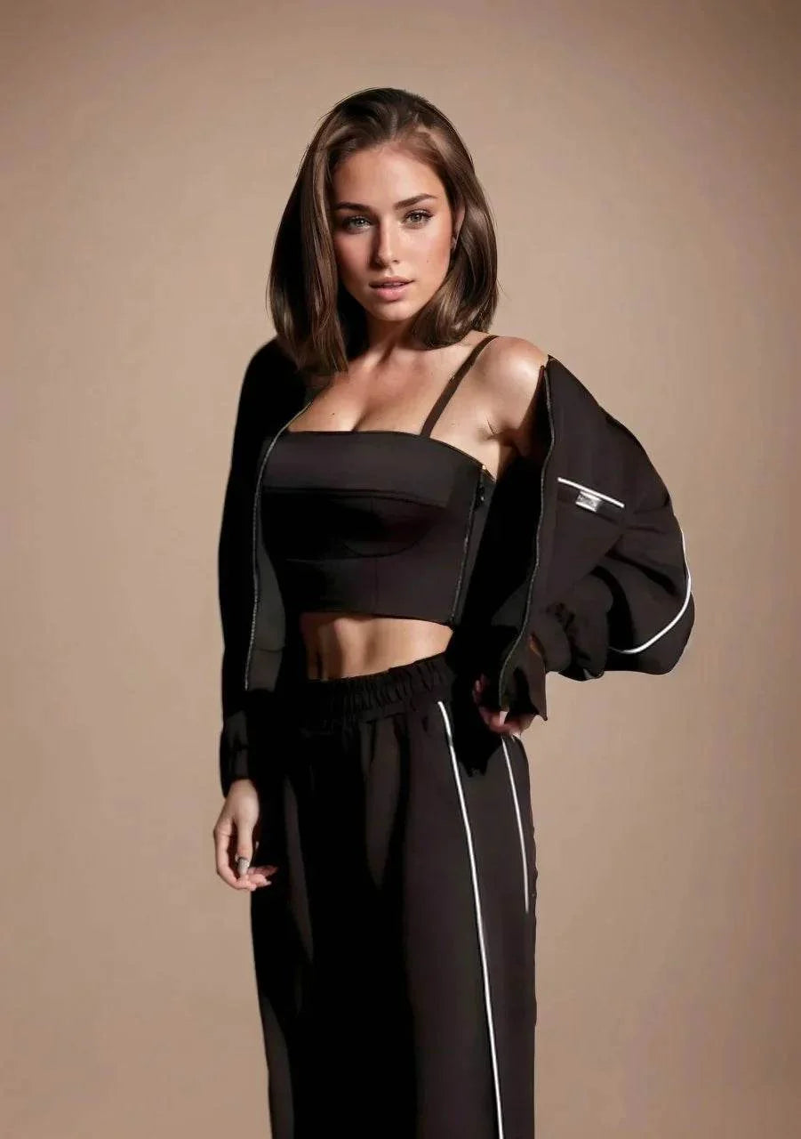 Trening Dama Negru cu 3 Piese | Set Colanți Evazați, Top Push-up și Jachetă